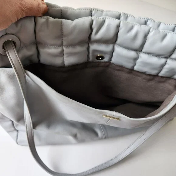 Vince Camuto Jass Quilted Puffy Large Shoulder Bag Tote Gray Faux Leather Soft - Picture 8 of 13